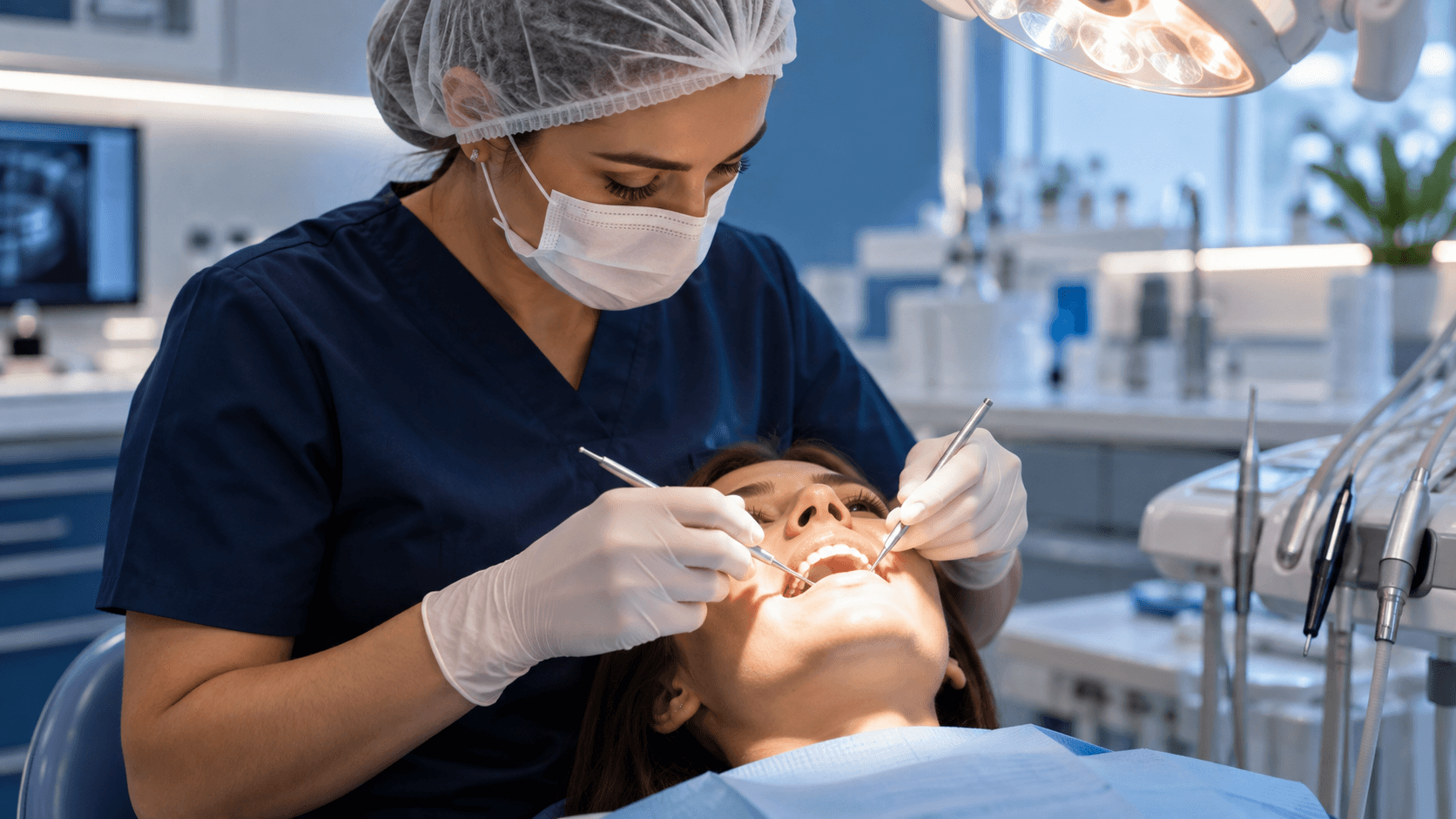 Dentista com touca e máscara realizando atendimento em paciente na cadeira odontológica