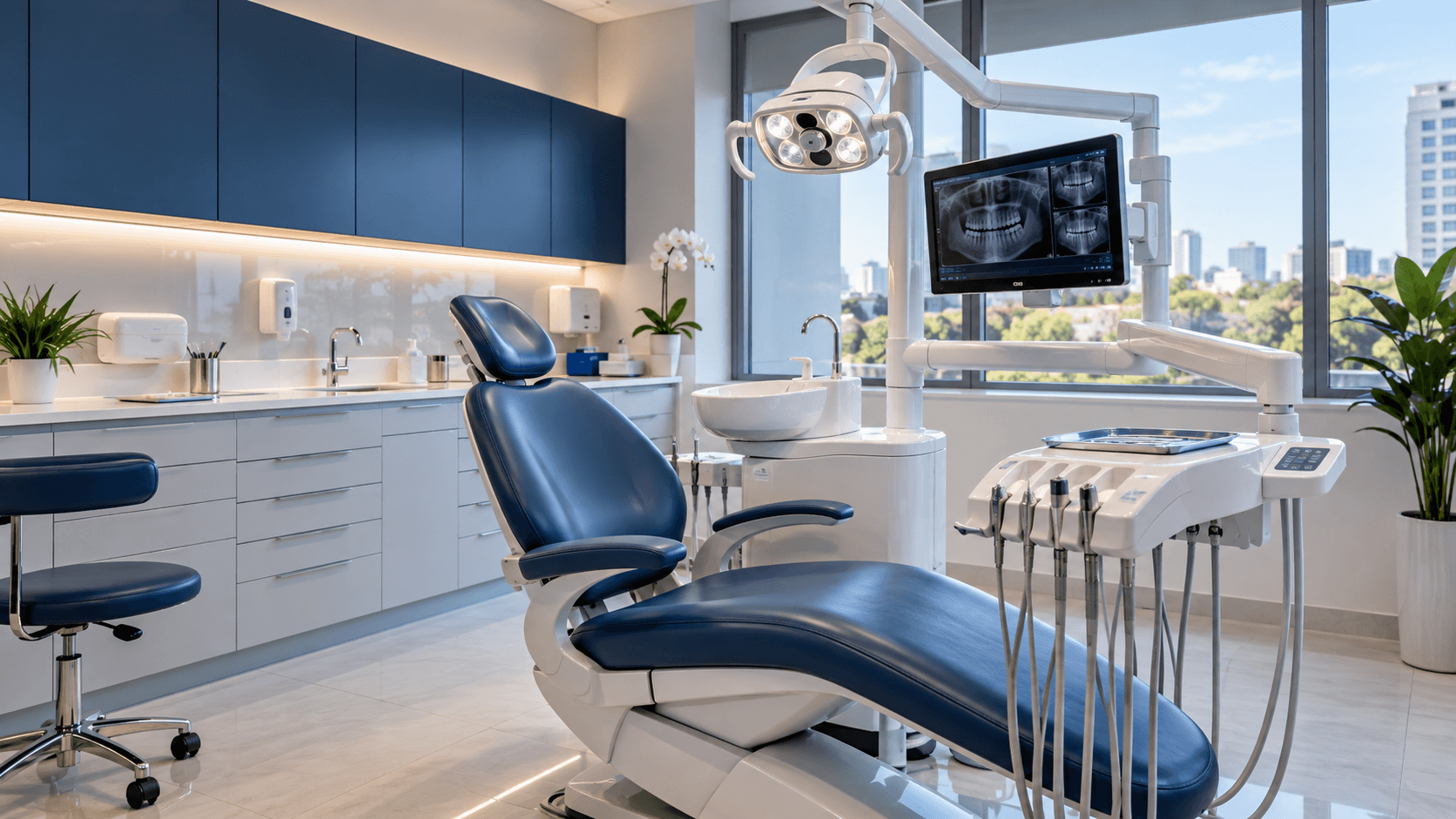 Consultório odontológico moderno, com cadeira azul, iluminação e monitor de radiografia